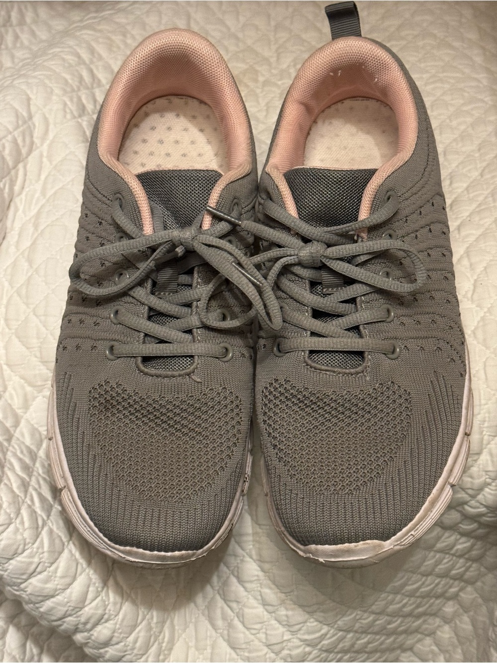 Gray Knit Lace-Up Sneakers with Pink Lining